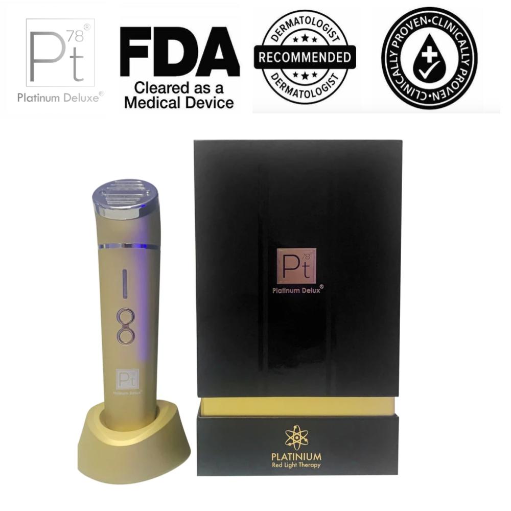 Gold Platinum Deluxe Red Light Therapy device with packaging and FDA and dermatologist recommended badges on a white background