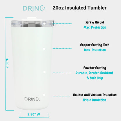 DRINCO® 20oz Insulated Tumbler Spill Proof Lid 2 Straws (Arctic White) with features listed on a white background