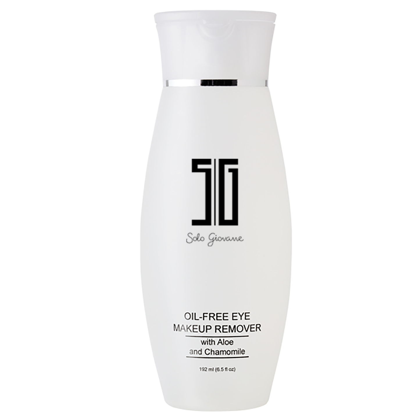White bottle of oil-free eye makeup remover with black text on a white background
