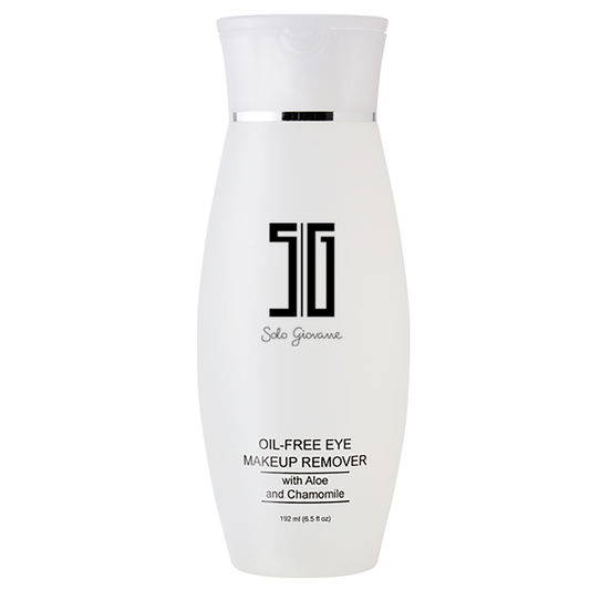 White bottle of oil-free eye makeup remover with black text on a white background