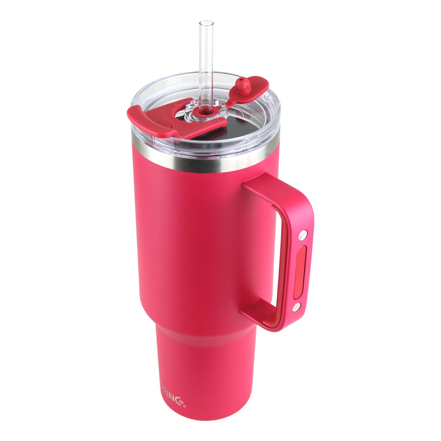 Viva Magenta insulated tumbler with handle and straw lid on a white background