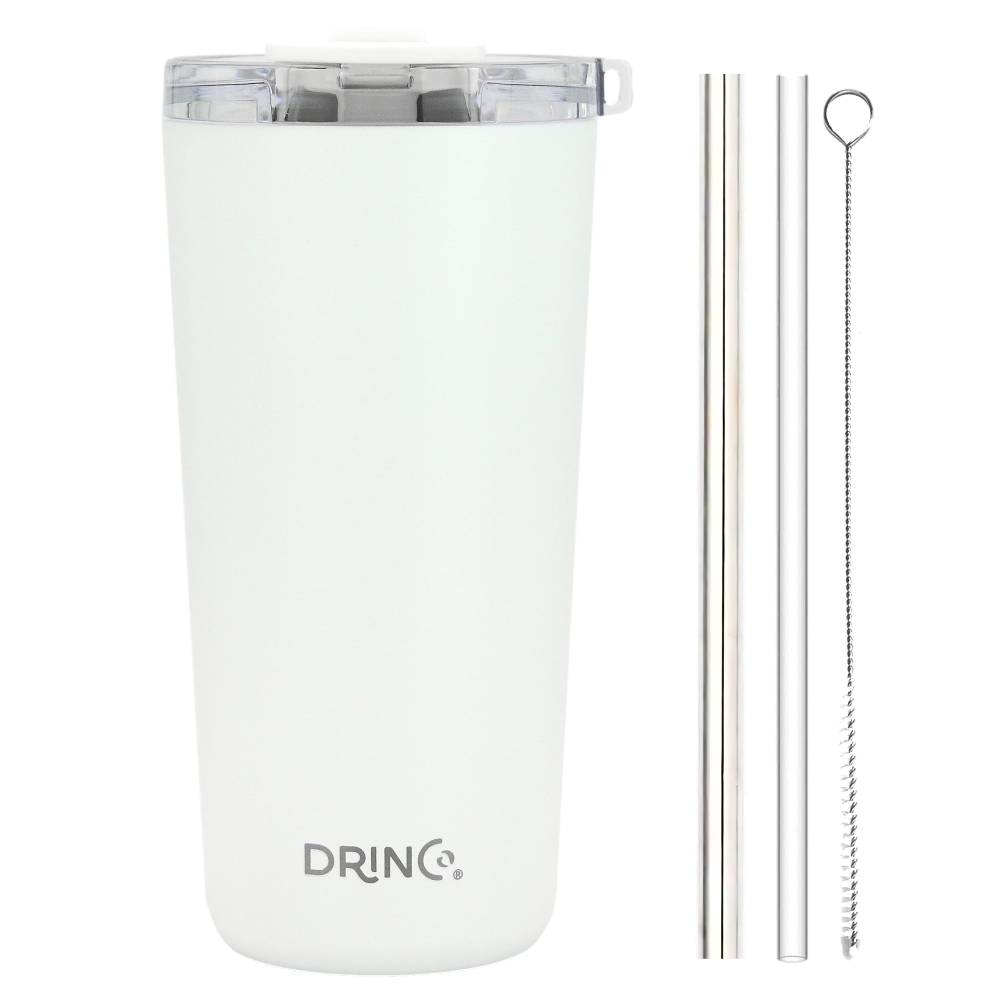 DRINCO® 20oz Insulated Tumbler Spill Proof Lid 2 Straws (Arctic White) with two straws and cleaning brush on a white background