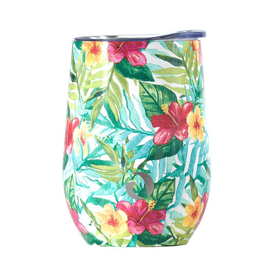 Tumbler with tropical floral design on a white background