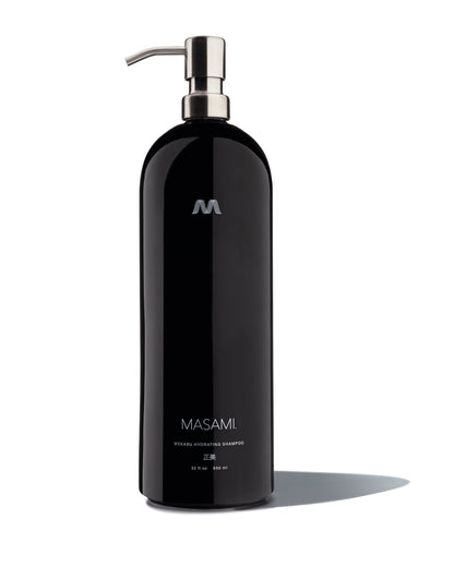 Black shampoo bottle with pump dispenser on a white background