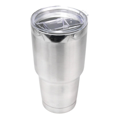 Silver insulated tumbler with a clear lid on a white background