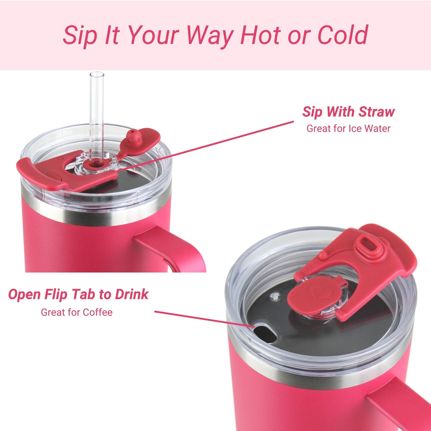 Viva Magenta insulated tumbler with straw and flip tab features on a white background