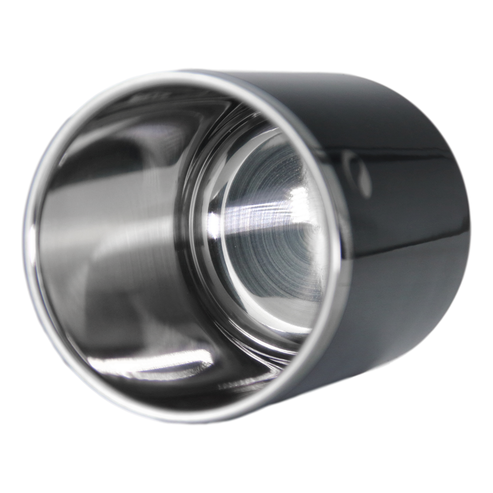 Metallic cylindrical object with reflective surface on a white background