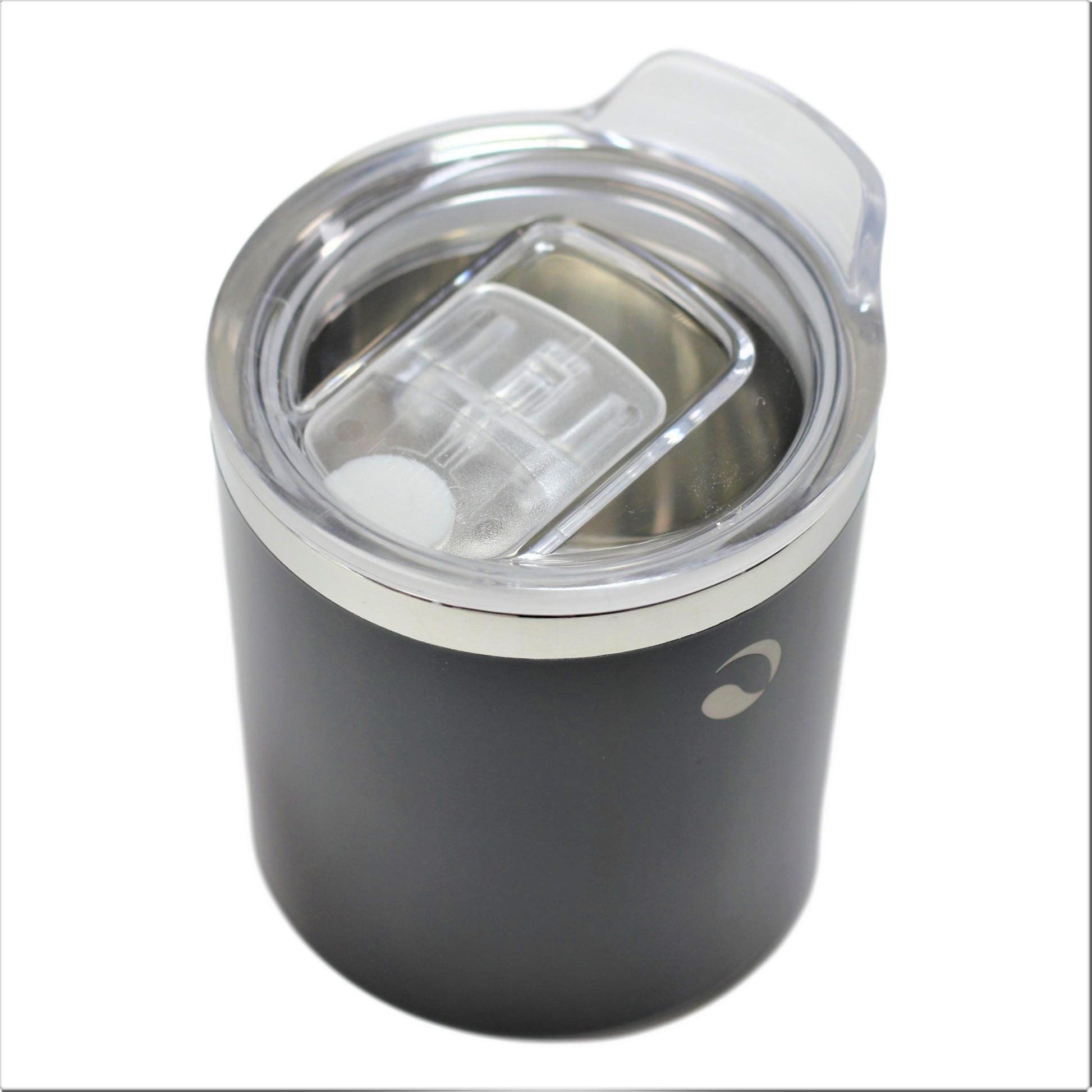 Black insulated tumbler with a clear lid on a white background
