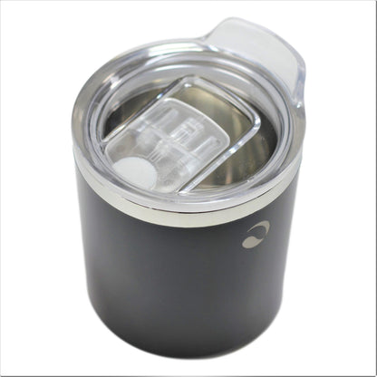 Black insulated tumbler with a clear lid on a white background