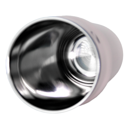 Stainless steel travel mug on a white background