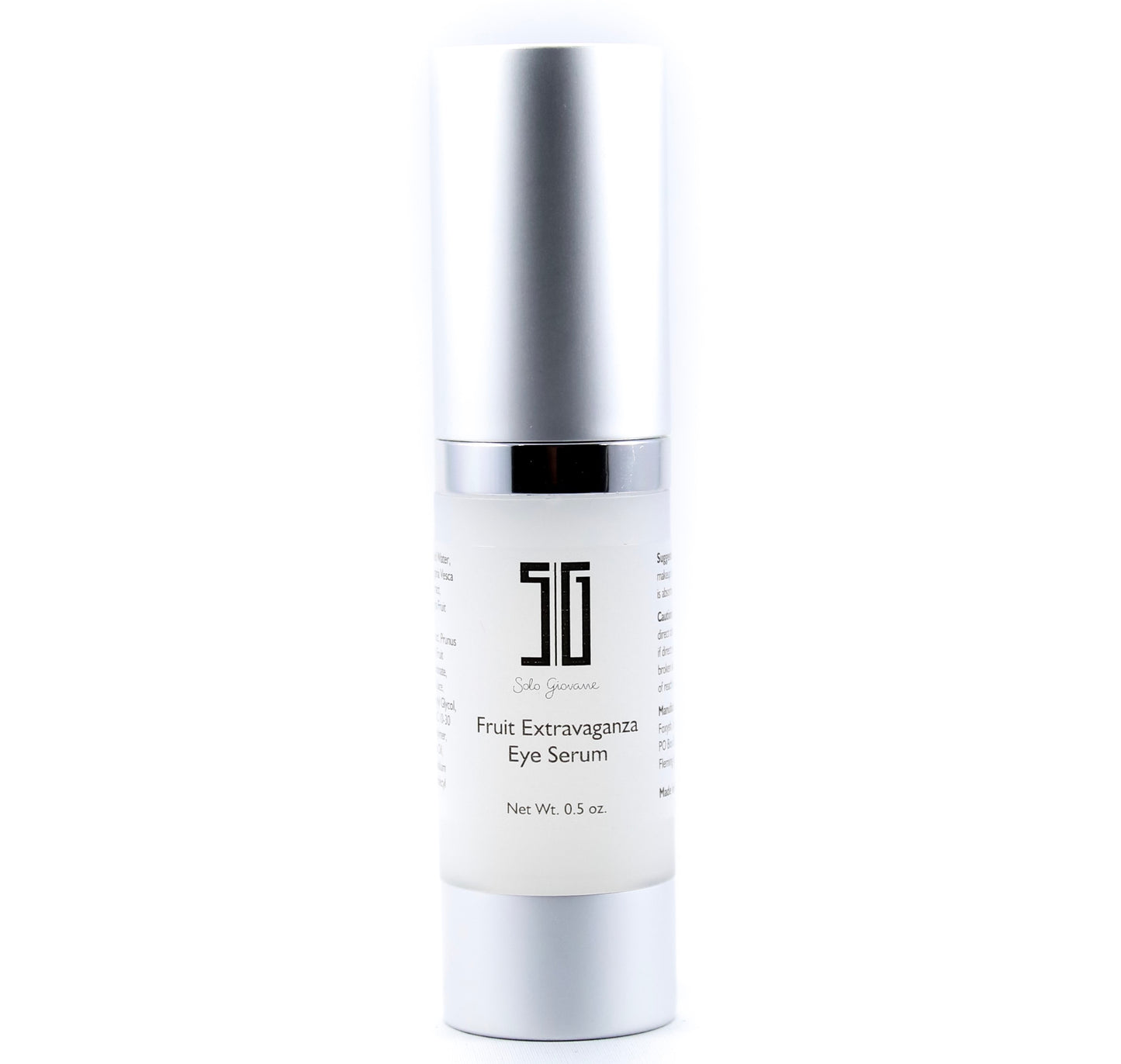 Solo Giovane Skincare serum bottle labeled 'Fruit Extravaganza Eye Serum' on a white background