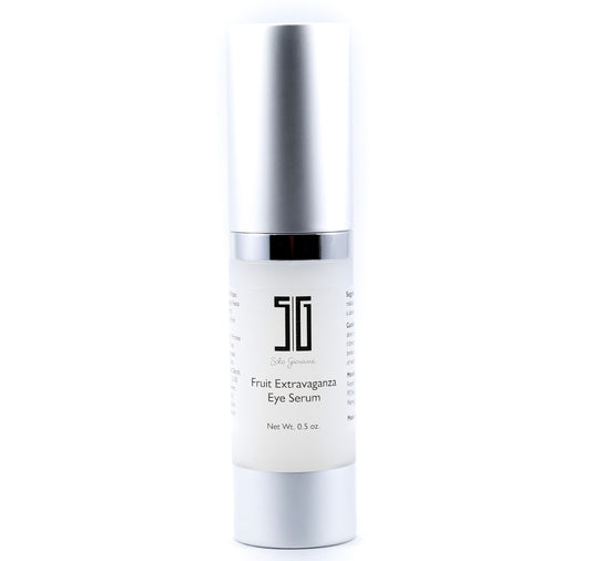 Solo Giovane Skincare serum bottle labeled 'Fruit Extravaganza Eye Serum' on a white background