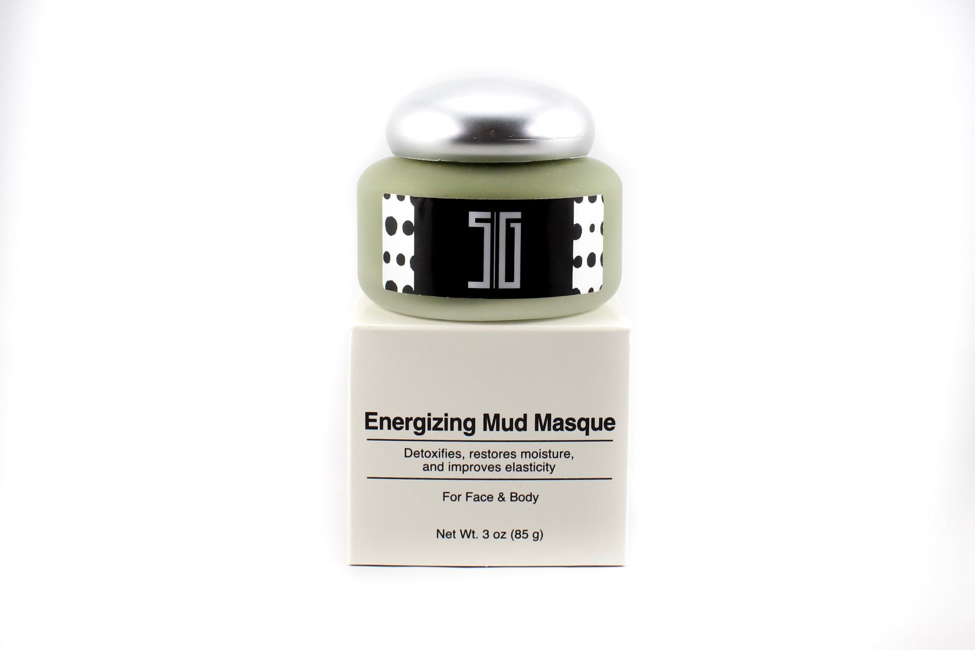 5G Energizing Mud Masque container with silver cap on a white background
