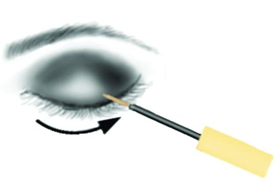 Illustration of a makeup brush applying eyeliner to an eye with an arrow indicating direction.