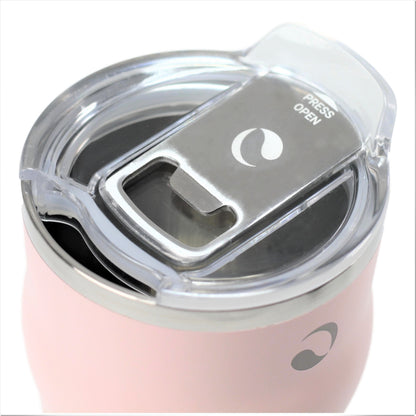 Pink tumbler with a clear lid featuring a bottle opener on a white background