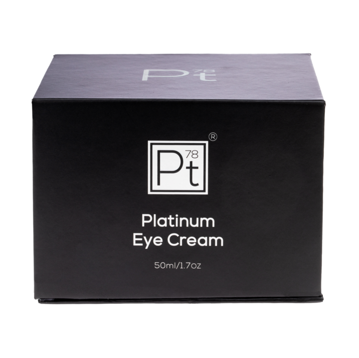 Black box of Platinum Eye Cream with brand logo on a white background