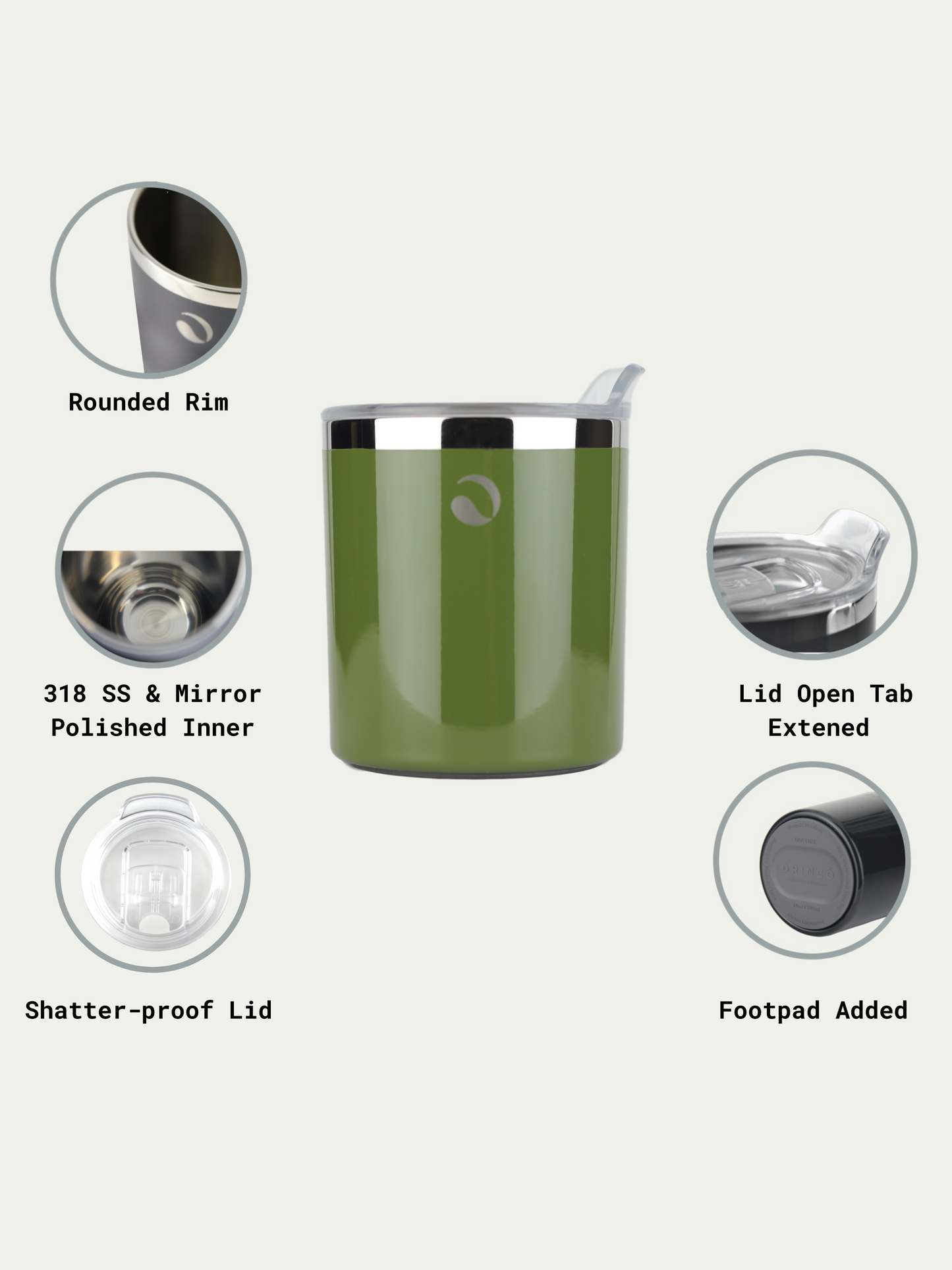 Green tumbler with features highlighted on a white background
