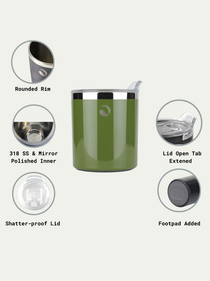 Green tumbler with features highlighted on a white background