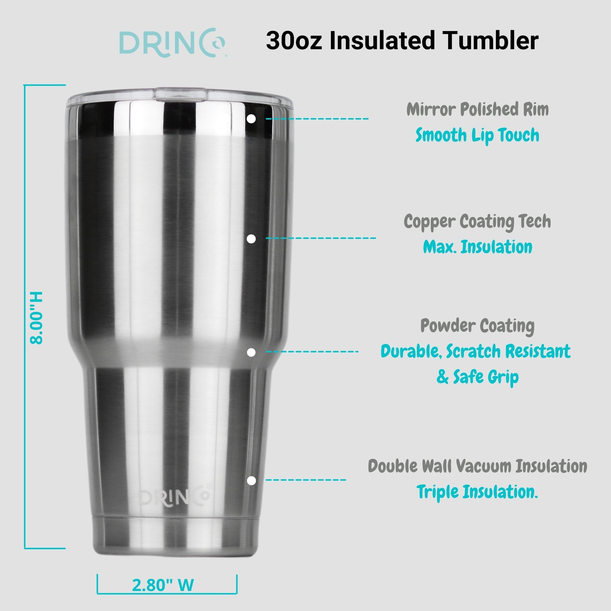 30oz insulated tumbler with features listed on a gray background