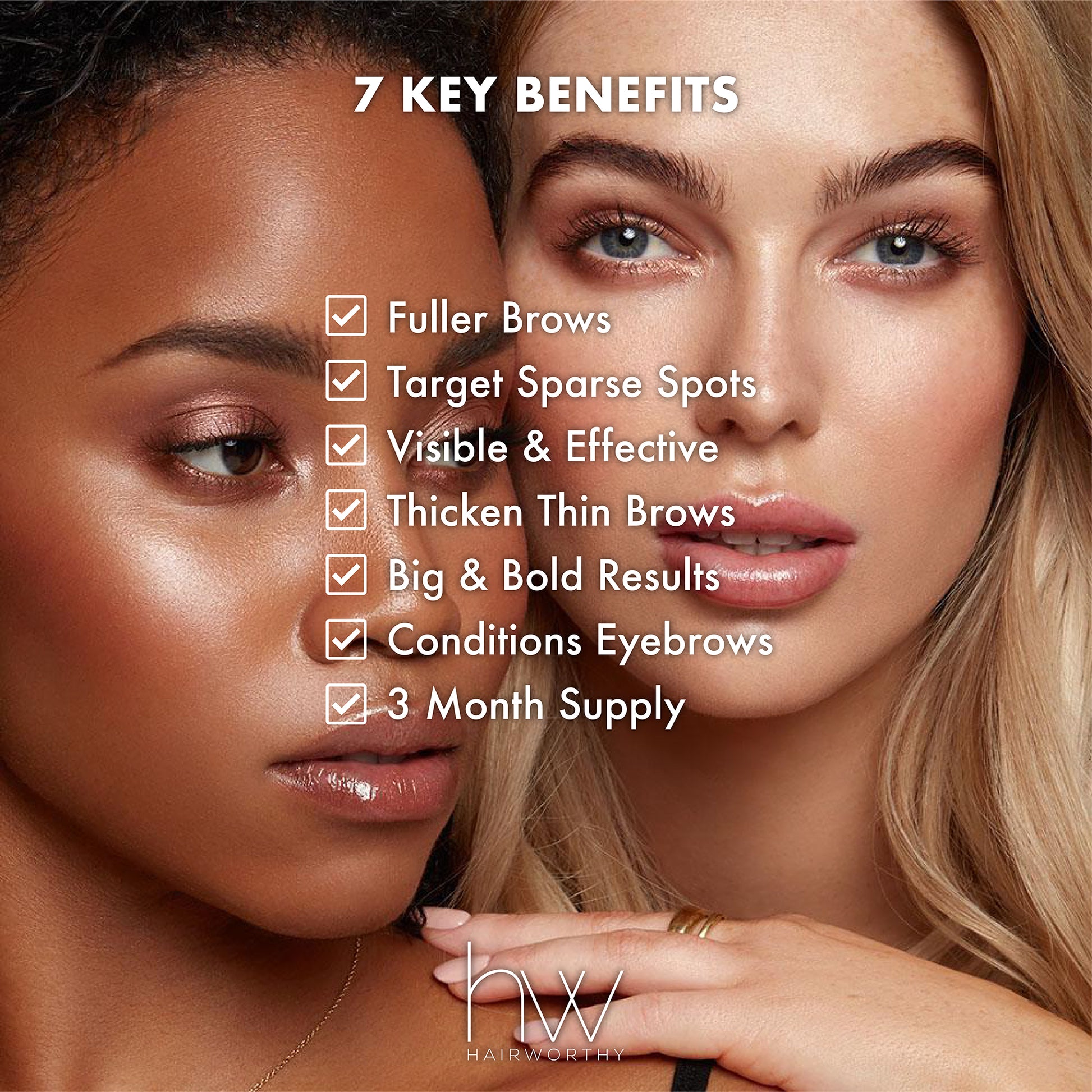 Two women with text listing '7 Key Benefits' of a product, with 'hW' logo at the bottom.
