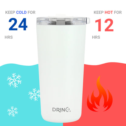 DRINCO® 20oz Insulated Tumbler Spill Proof Lid 2 Straws (Arctic White) with temperature retention graphics on a colorful background