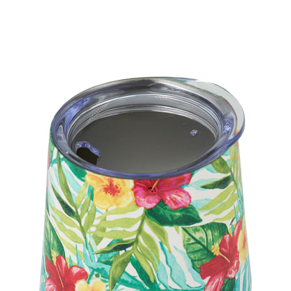 Tumbler with tropical floral design on a white background