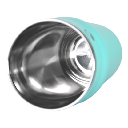 Turquoise and stainless steel cup on a white background