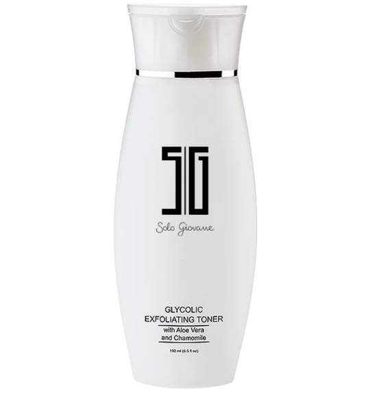 Solo Giovane White skincare bottle with black text on a white background