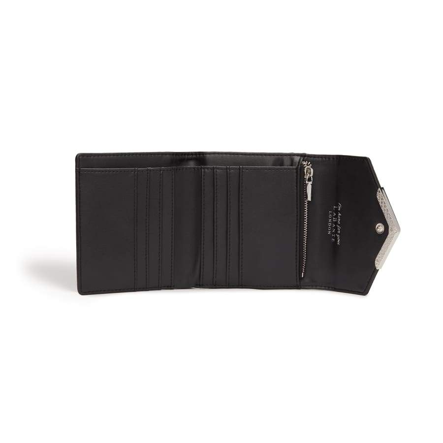 Black wallet with a silver zipper on a white background