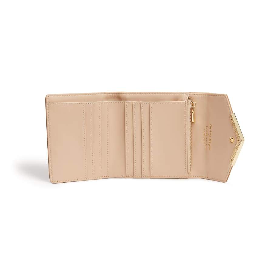 Beige wallet open on a white background