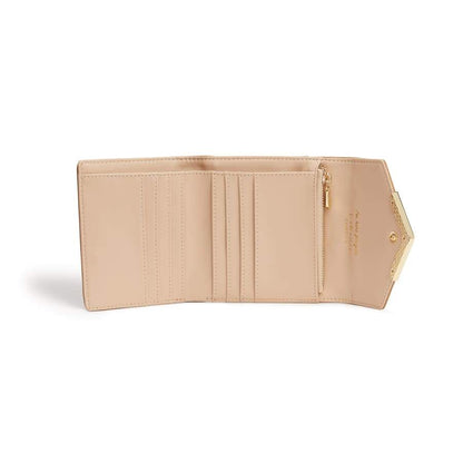Beige wallet open on a white background
