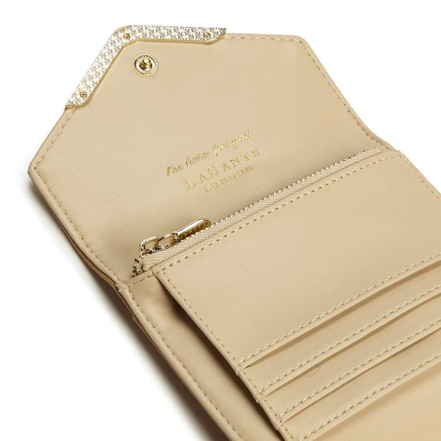Beige wallet with gold zipper and 'Louboutin' branding on a white background