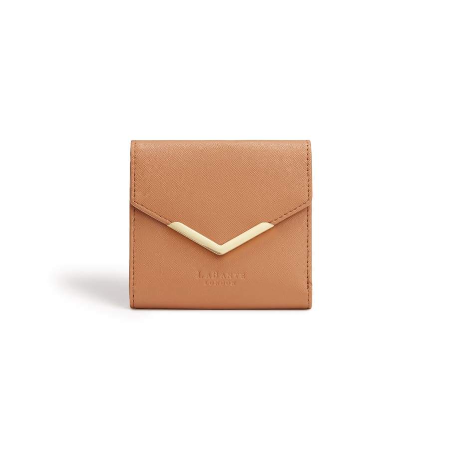Brown leather wallet with gold accent on a white background