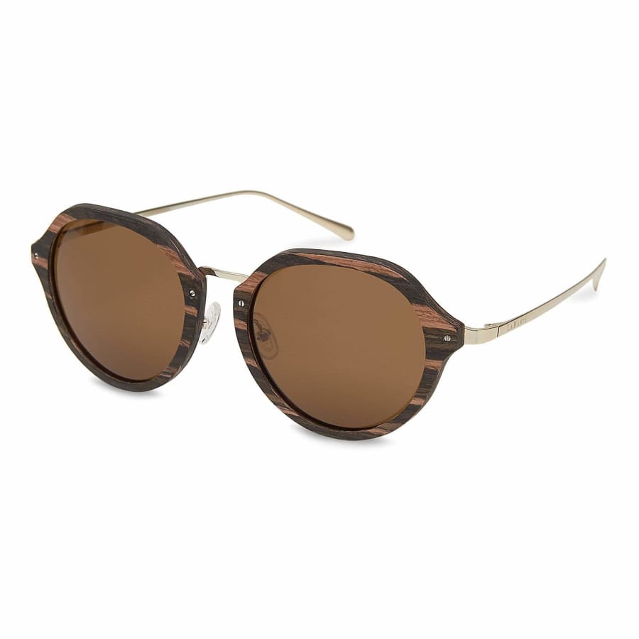 Sunglasses with wooden frame and brown lenses on a white background