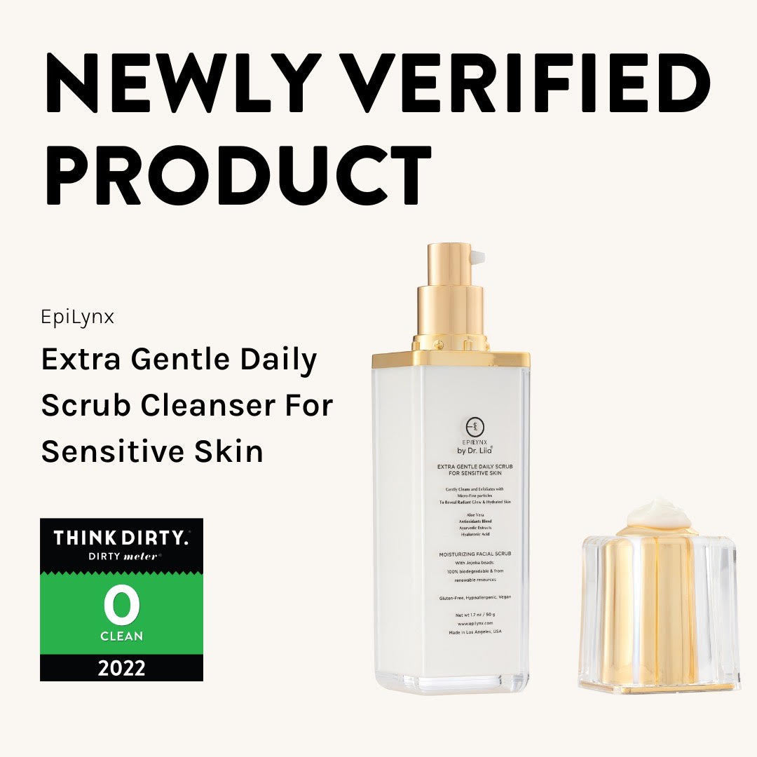 EpiLynx Extra Gentle Daily Scrub Cleanser for sensitive skin with Think Dirty Clean label on a white background