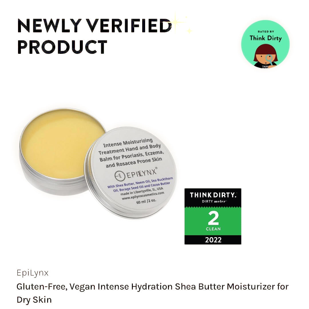 Epilynx shea butter moisturizer with Think Dirty verification badge on a white background