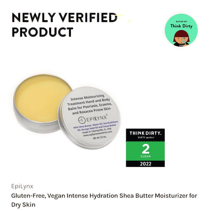 Epilynx shea butter moisturizer with Think Dirty verification badge on a white background