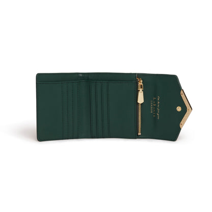 Dark Green wallet with gold zipper and accents on a white background
