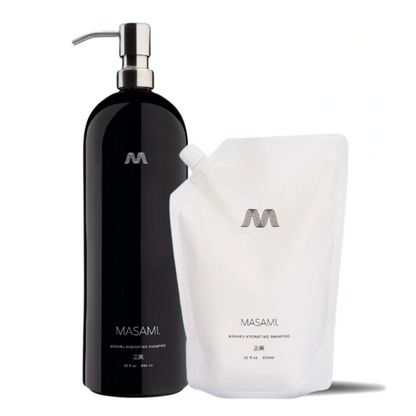 Black shampoo bottle and white pouch with 'MASAML' logo on a white background