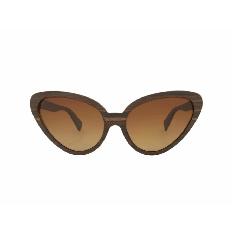 Cat-eye sunglasses with brown gradient lenses on a white background