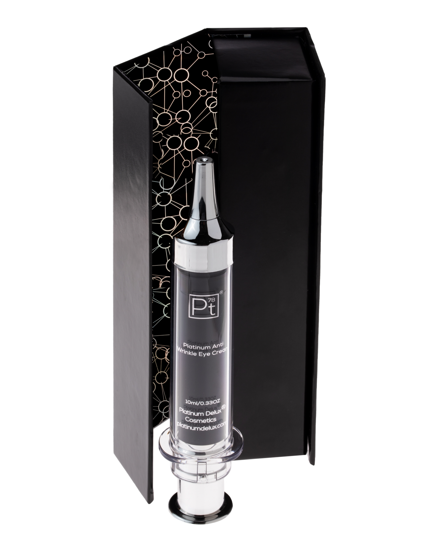 Platinum Lux Skincare serum bottle with black packaging on a white background