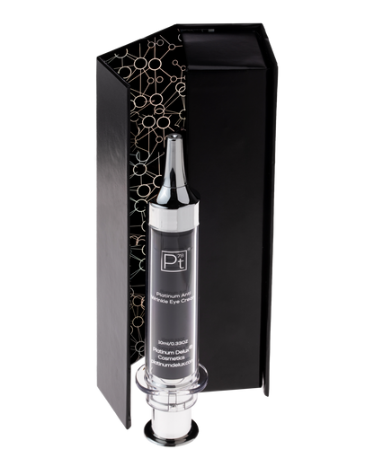 Platinum Lux Skincare serum bottle with black packaging on a white background