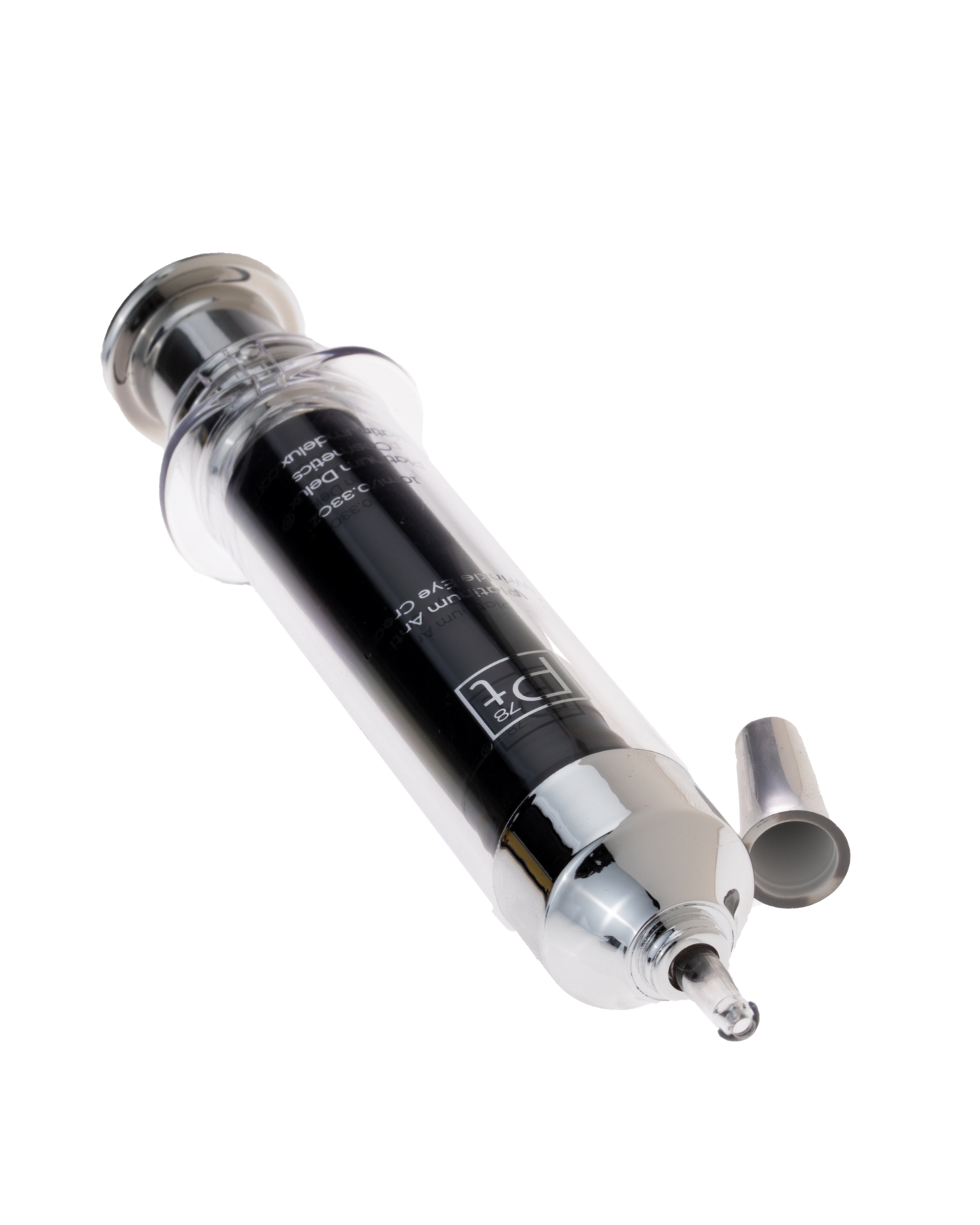 Platinum Lux Syringe with a black plunger on a white background