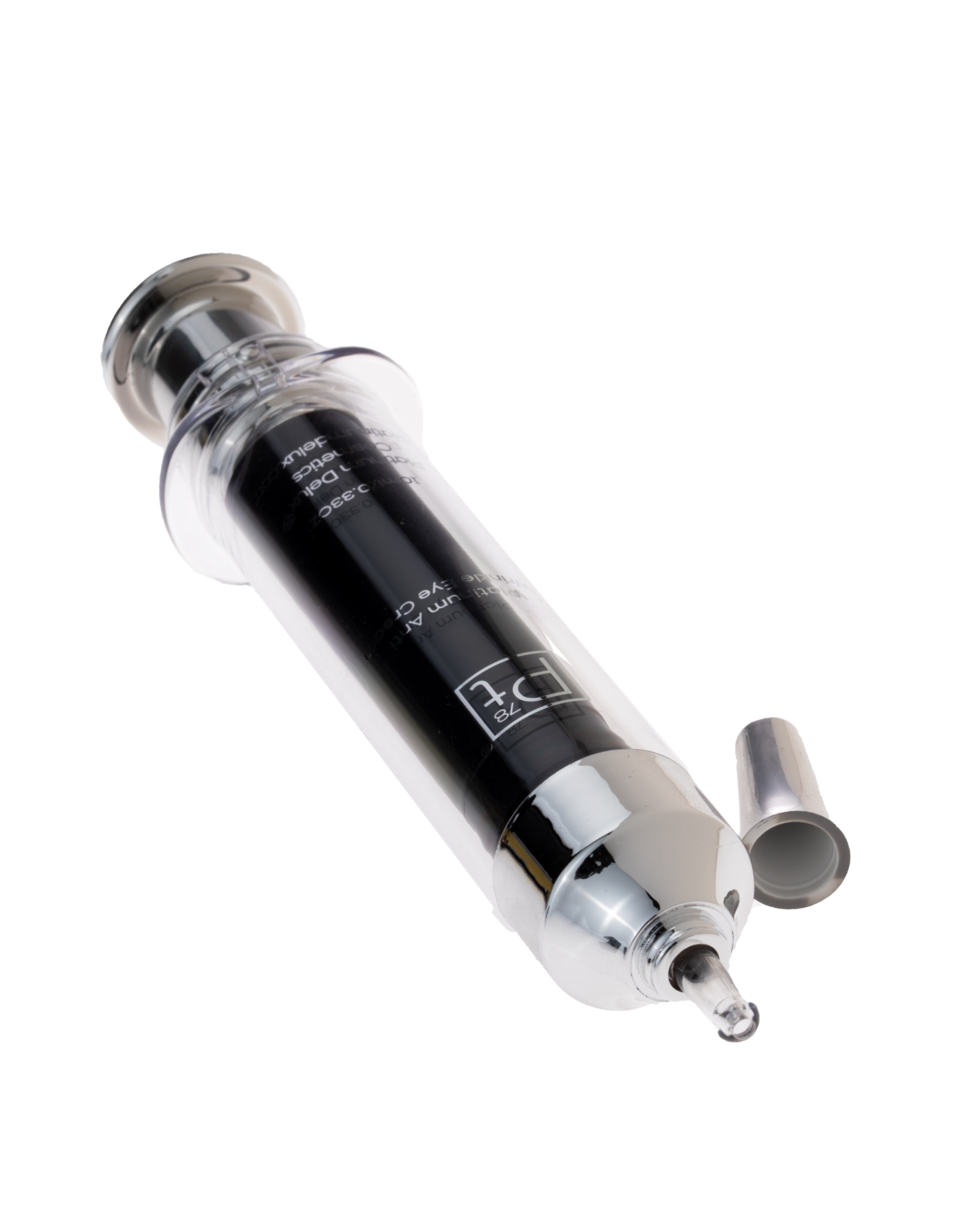 Platinum Lux Syringe with a black plunger on a white background