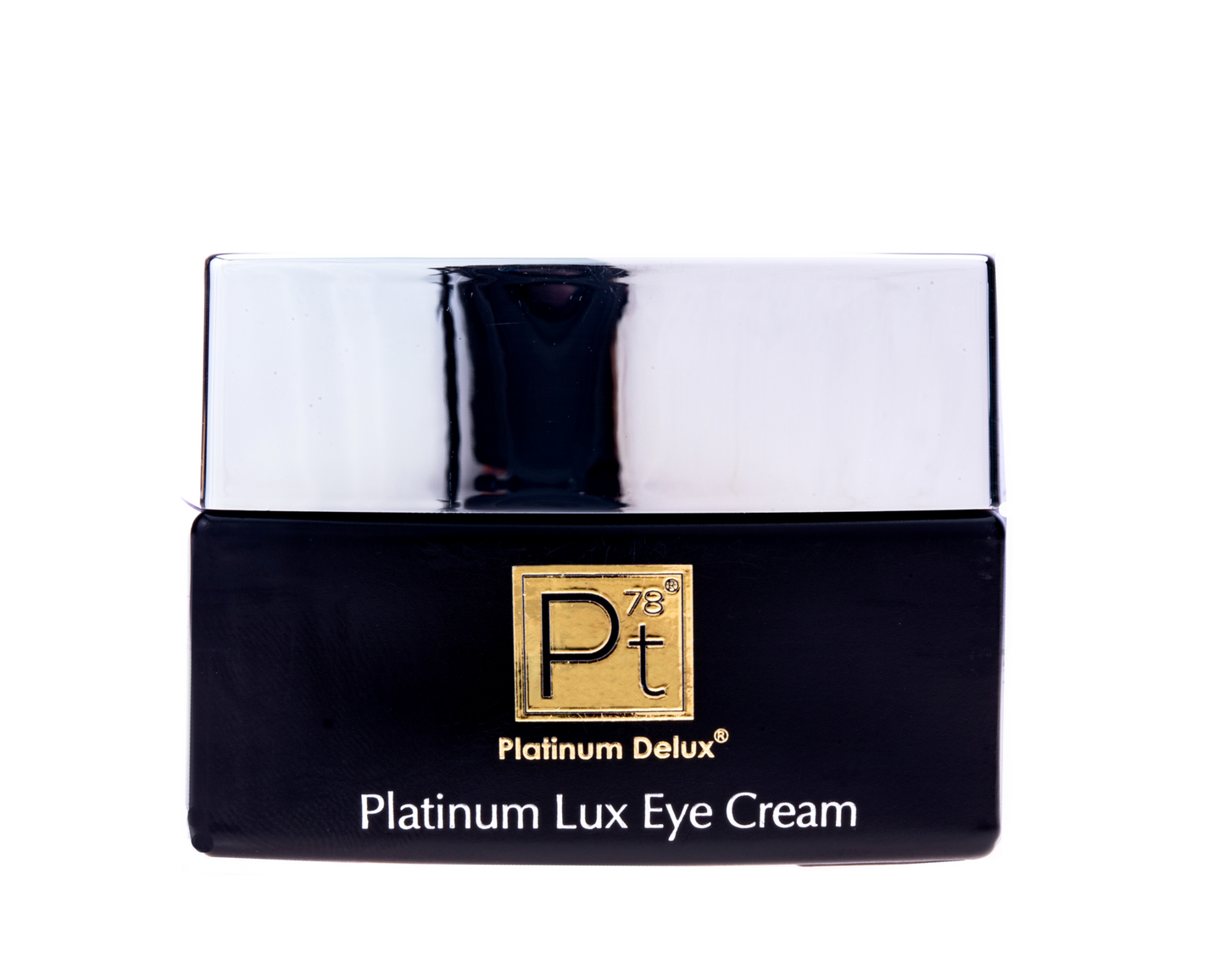 Platinum Lux Eye Cream jar with black lid on a white background
