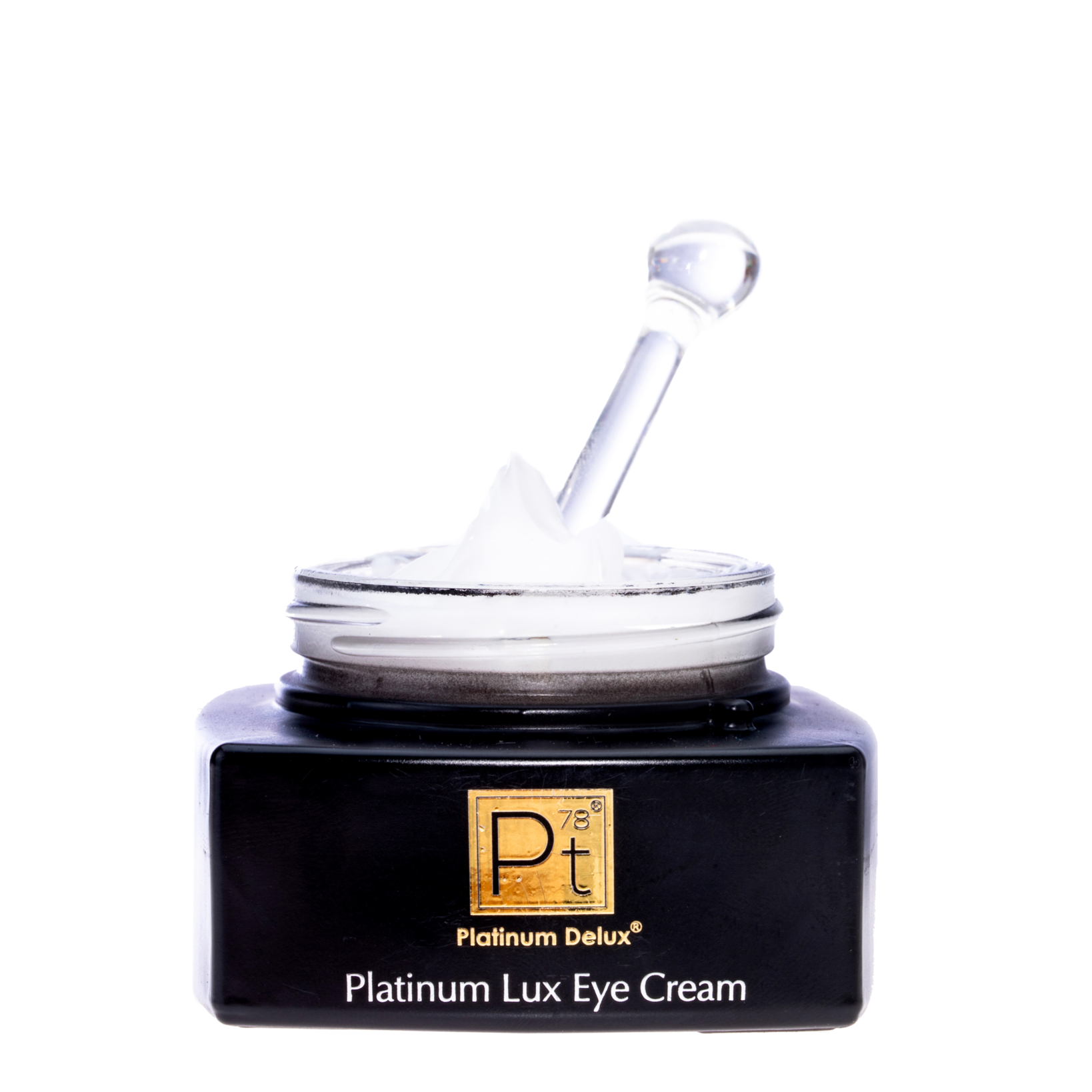 Platinum Lux Eye Cream jar with applicator on a white background