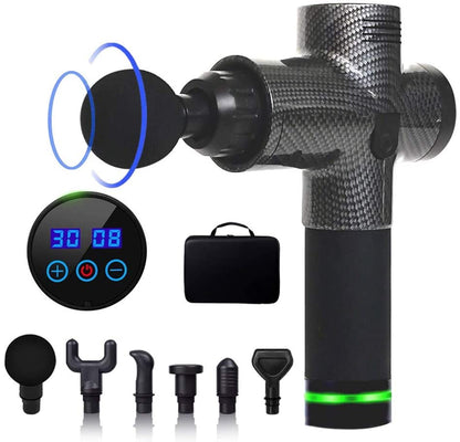 Massage gun with attachments and digital display on a white background