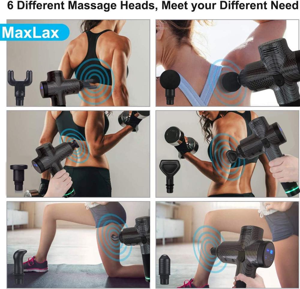 MaxLax massage gun being used on various parts of the body with labeled massage heads.