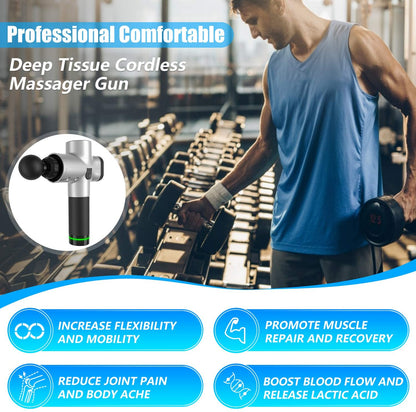 Man exercising with a deep tissue cordless massager gun in a gym setting