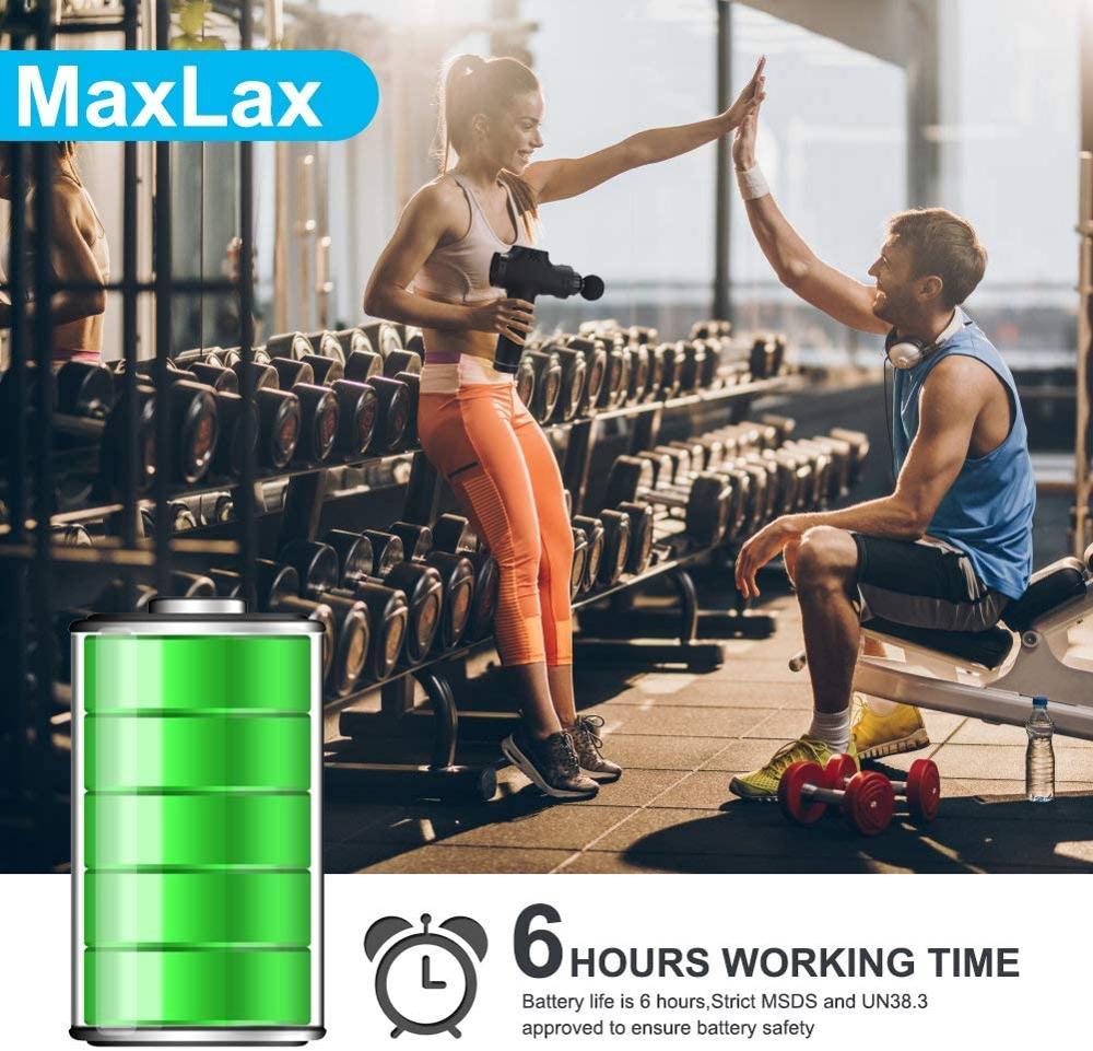 Two people in a gym setting with MaxLax product displayed.